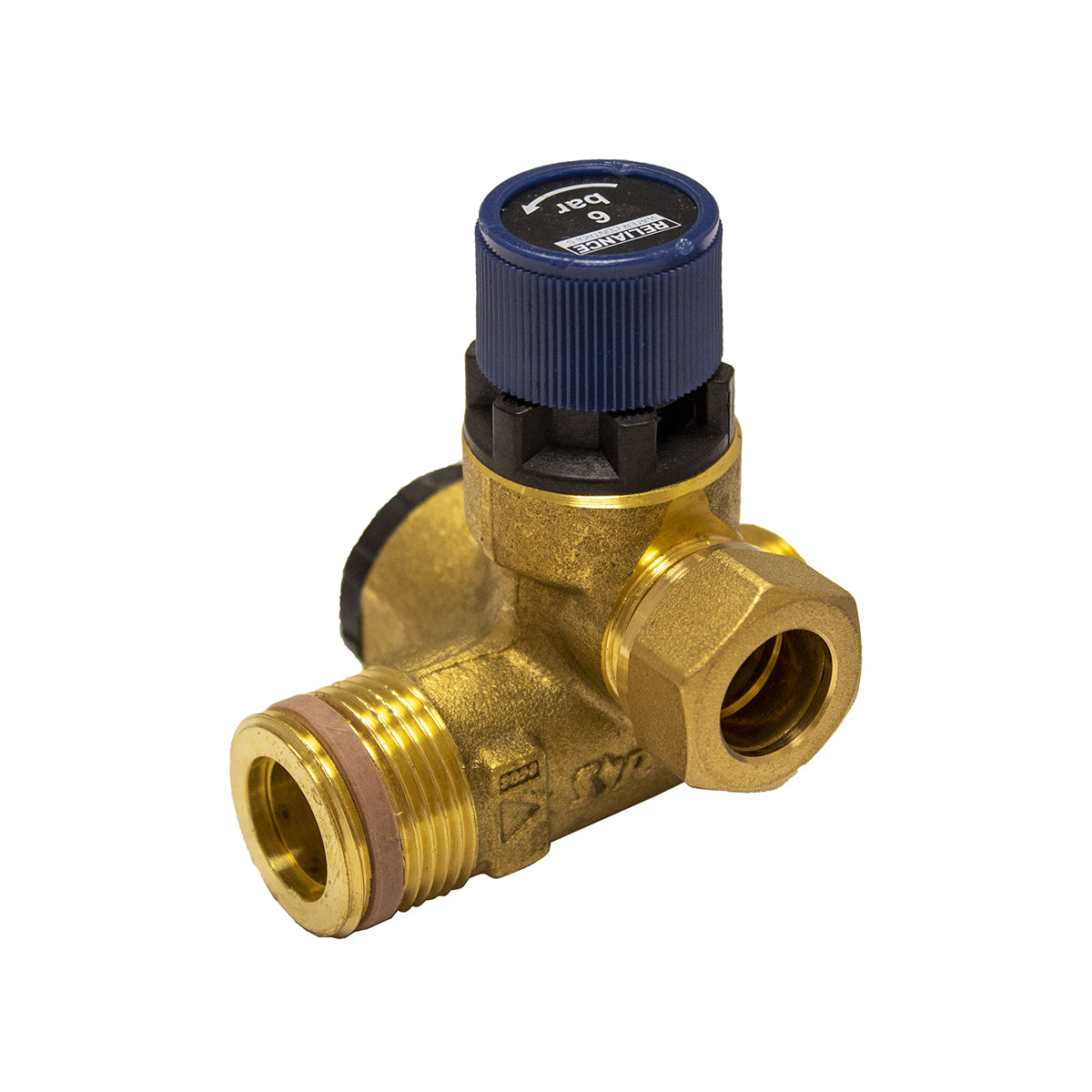 A gold-colored brass pressure relief valve with a blue adjustment knob and two connection points.
